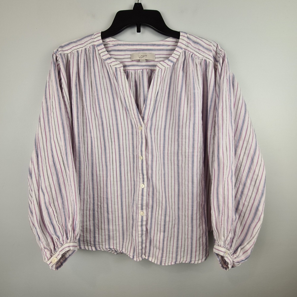 LOFT Womens Cotton Striped Button Down Balloon Sleeve Small Blouse Oversized Top